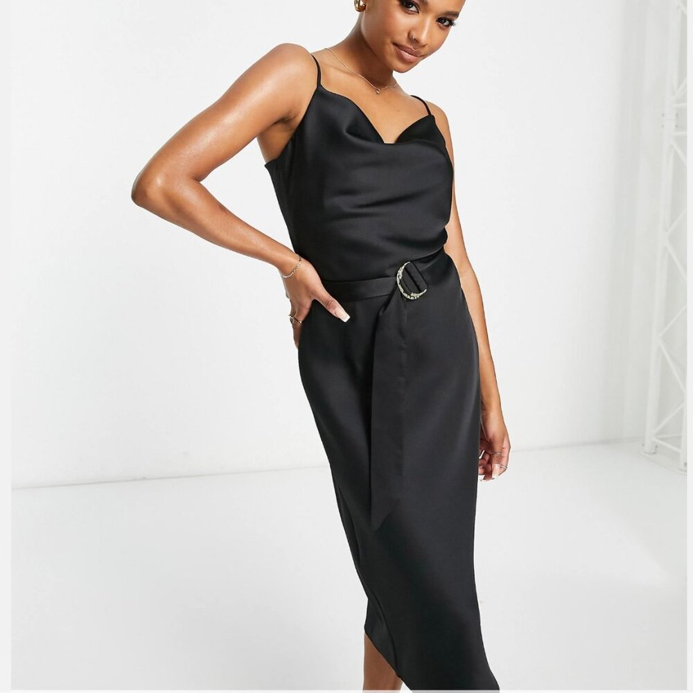 River Island Petite Belted Cowl Neck Slip Midi Dress – Black, US 6 (Worn Once)